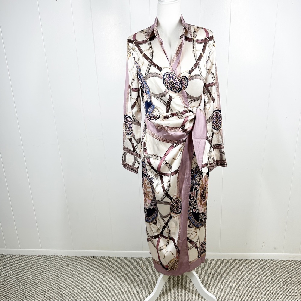 Her Bottari Purple and White Graphic Maxi Wrap Dress Medium